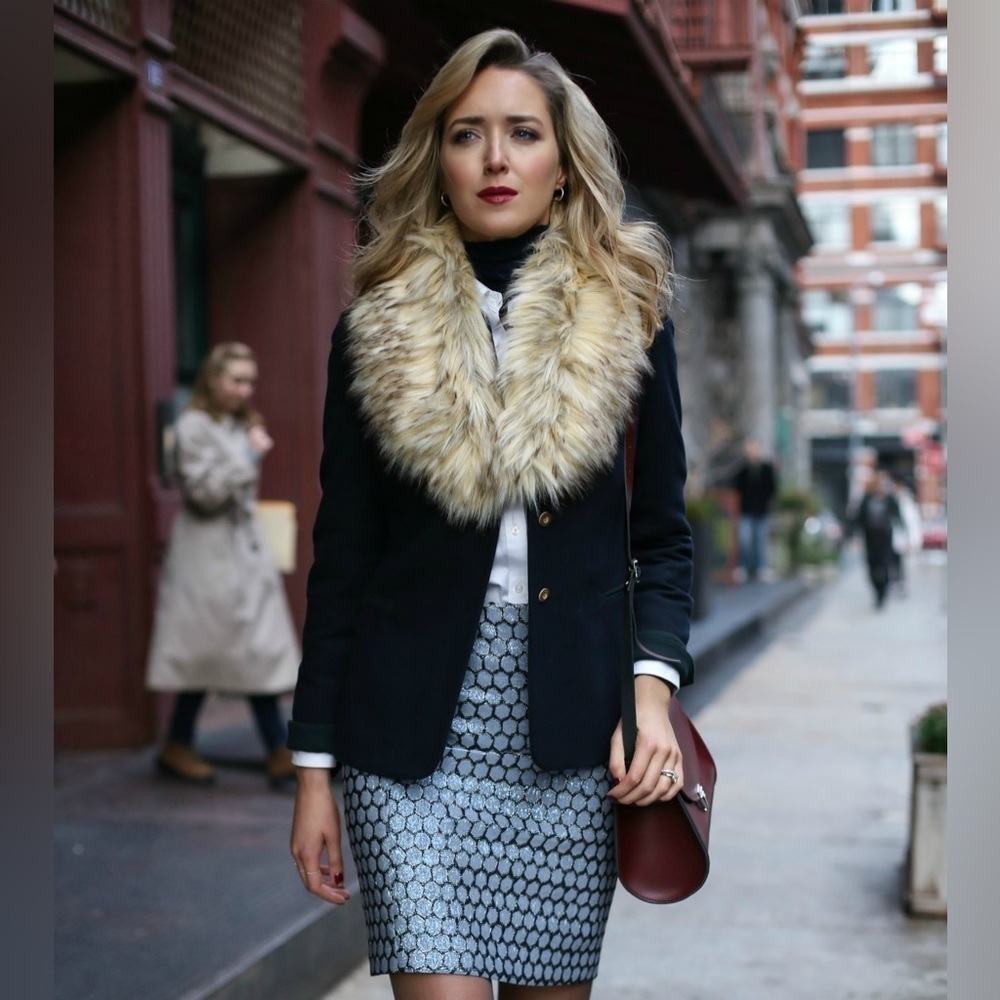 J.McLaughlin A-line Metallic Skirt Navy Silver Honeycomb Pattern 8